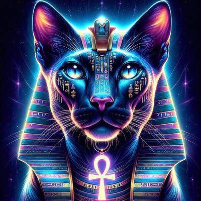 The primary subject of the image is a cat with a blue and purple color scheme. The cat is wearing a headdress and has a key around its neck. The setting is a space-themed background, which adds a unique and creative touch to the scene. The visual style is a digital art or illustration, showcasing the artist's creativity and imagination. The dominant colors and overall atmosphere of the image are vibrant and lively, with a sense of whimsy and playfulness.